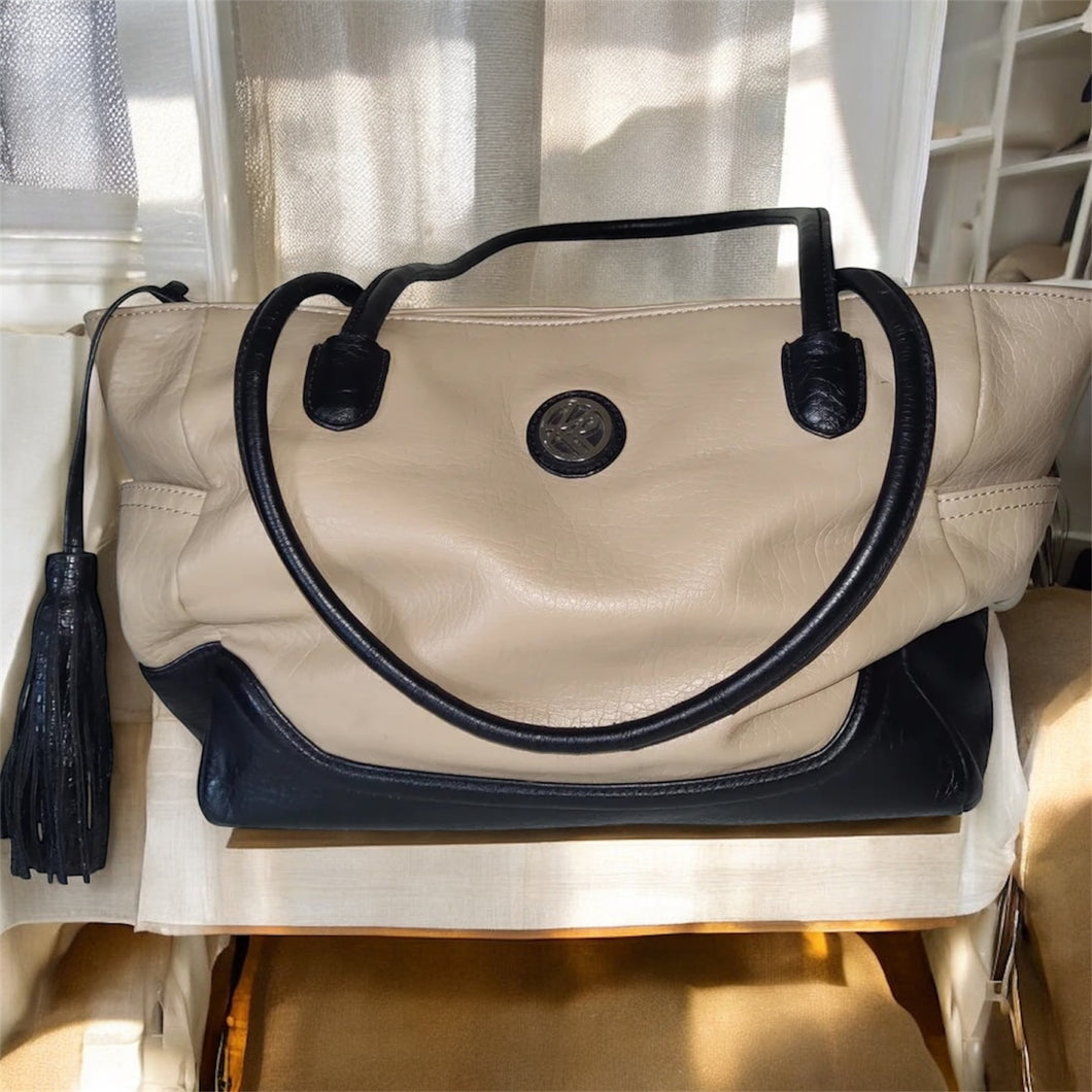 Kim Rogers Tan & Black Tote Sholder Hand Bag Purse Medium Multiple Pockets