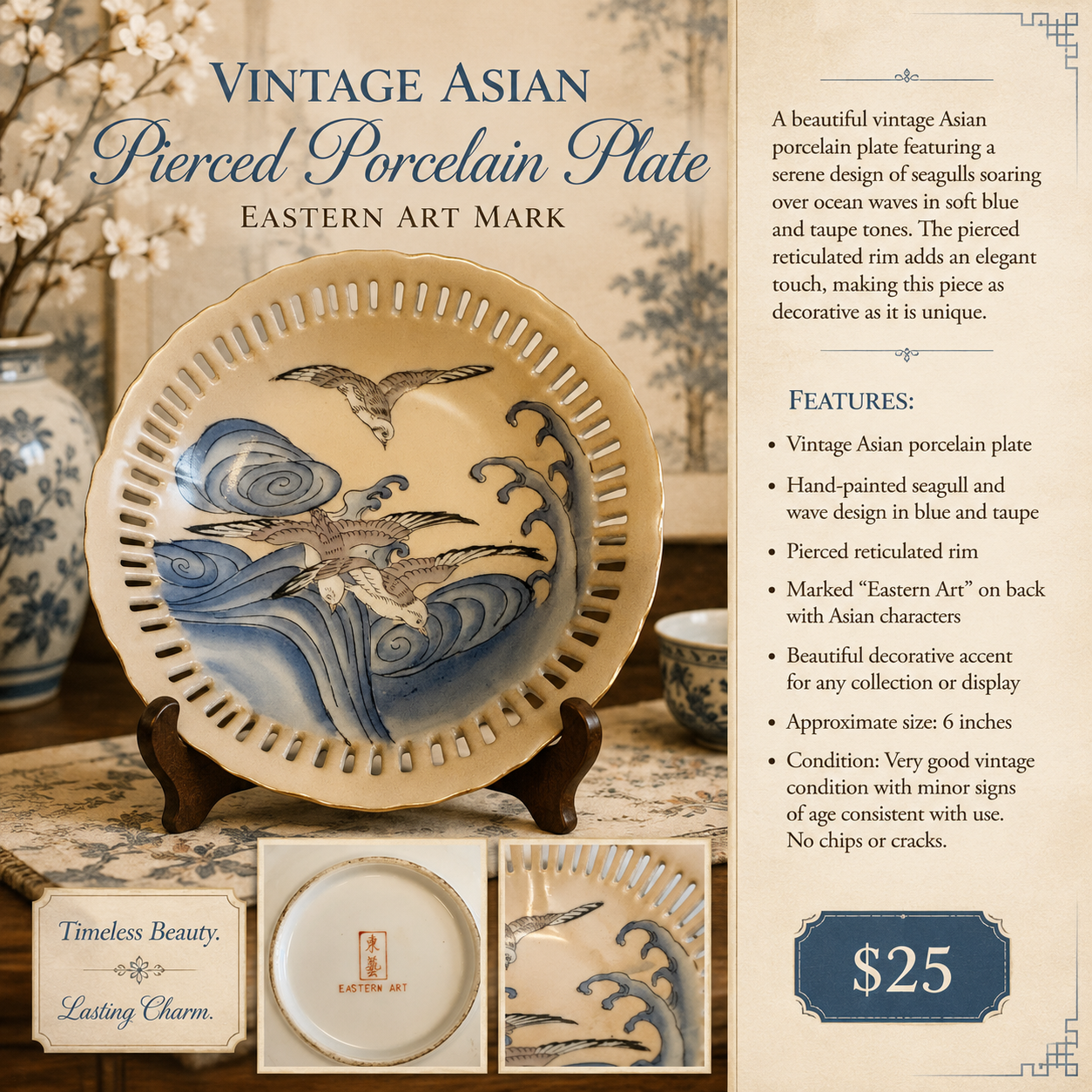 Vintage Eastern Art Asian Pierced Porcelain Plate – Seagull & Ocean Scene