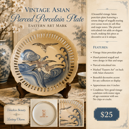 Vintage Eastern Art Asian Pierced Porcelain Plate – Seagull & Ocean Scene