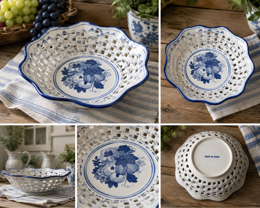 Vintage Blue & White Pierced Ceramic Fruit Basket