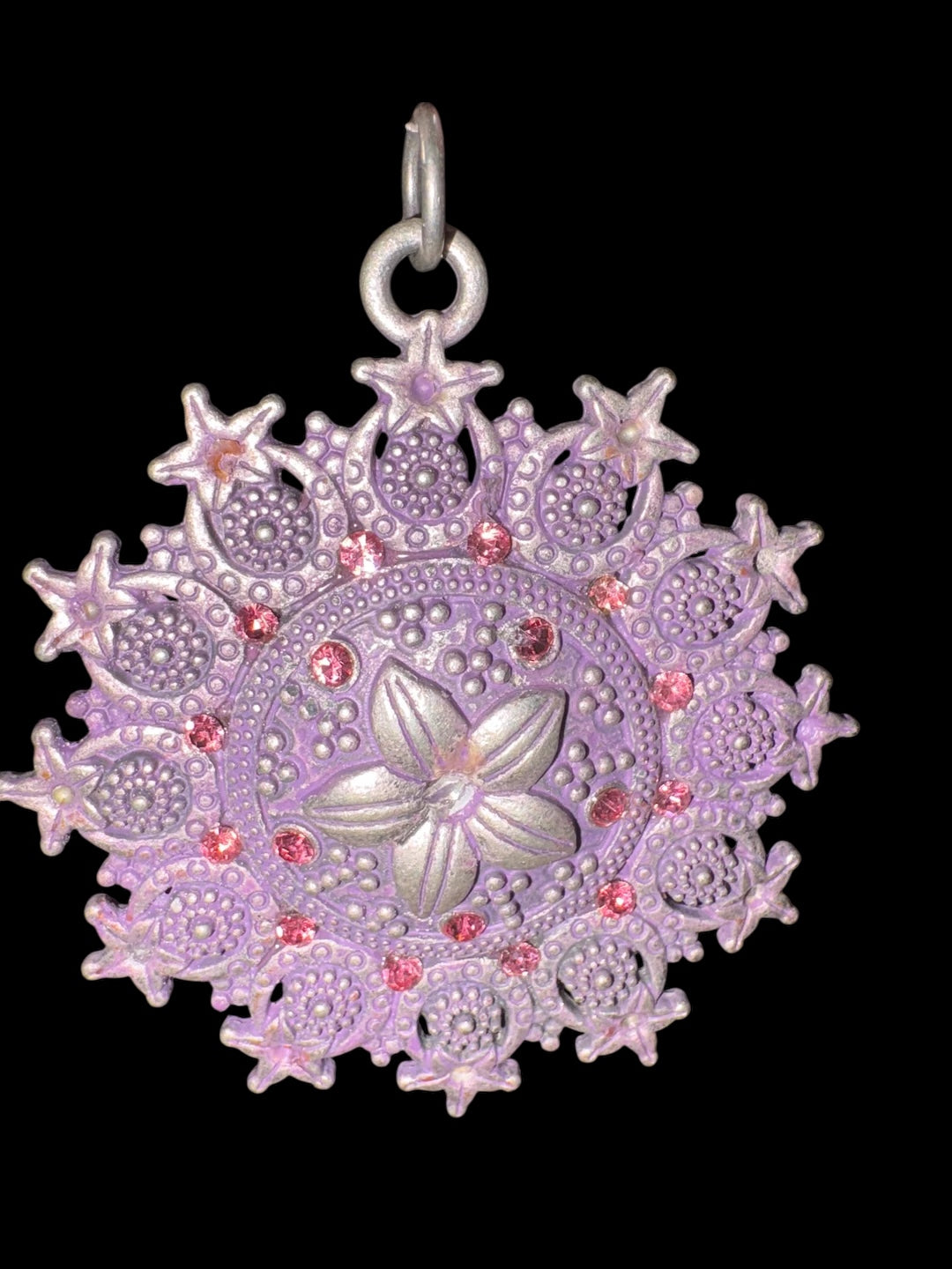 Vintage All Glass Necklace With Purple and Pink Stone Metal Medallion Necklace