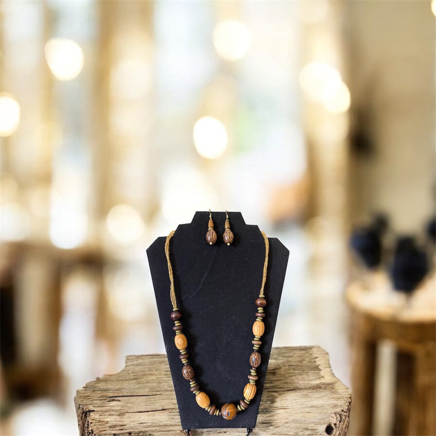 Vintage Wood And Glass Bead Necklace And Earring Set
