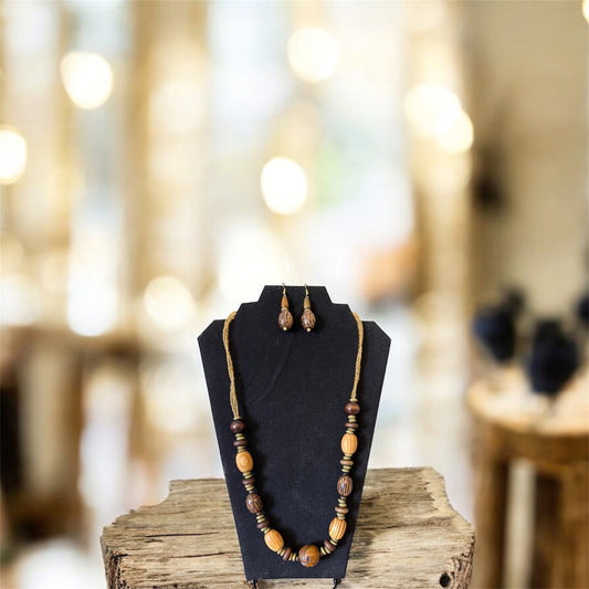 Vintage Wood And Glass Bead Necklace And Earring Set