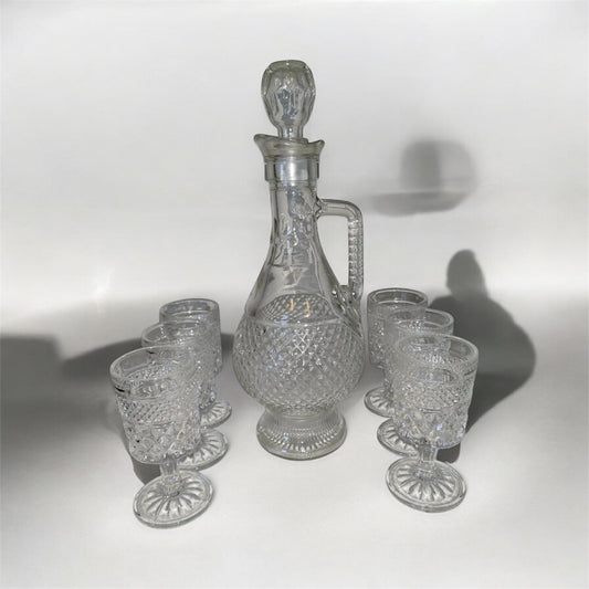 Vintage Clear Glass Decanter And Matching Glasses. 1976