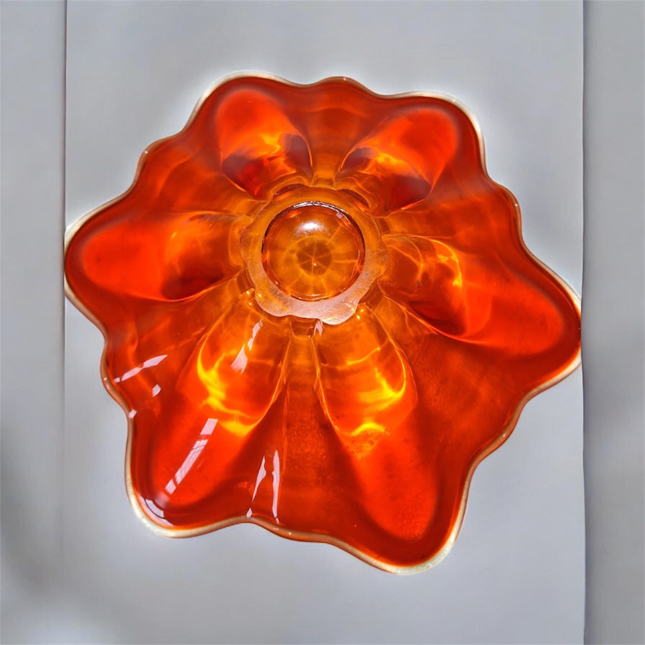 Ruffled Orange Glass Bowl Clear Edge Blown Glass dish