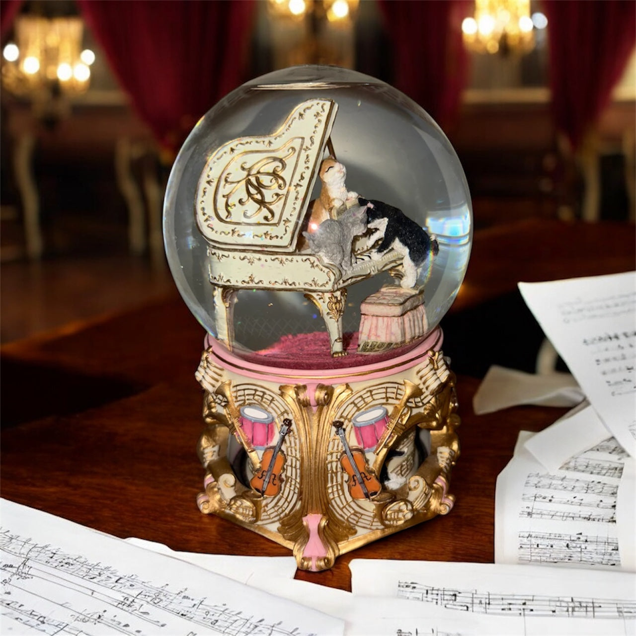 Bill Cleaver Kittens on a Piano Musical Snow Globe with Gold Accents. San Francisco Music Box