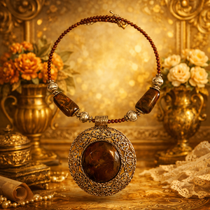 Vintage Brown Beaded Statement Necklace with Ornate Filigree Pendant