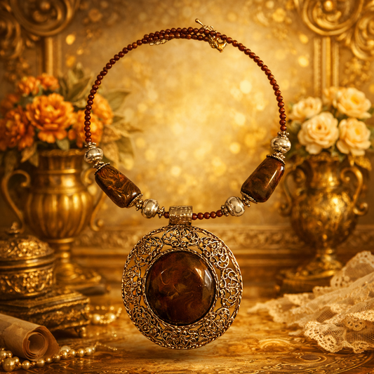 Vintage Brown Beaded Statement Necklace with Ornate Filigree Pendant