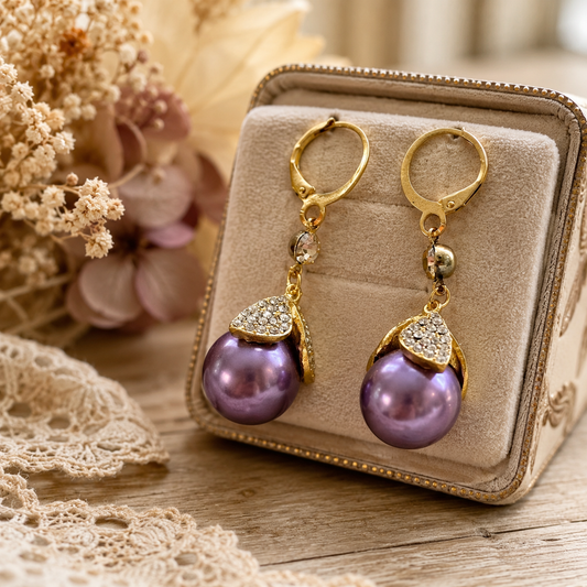 Vintage Purple Faux Pearl Drop Earrings with Rhinestone Accents