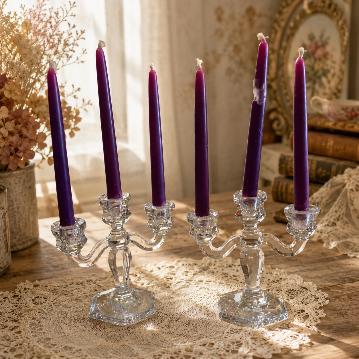 Vintage Crystal Candelabra Candle Holders – Pair with Purple Taper Candles