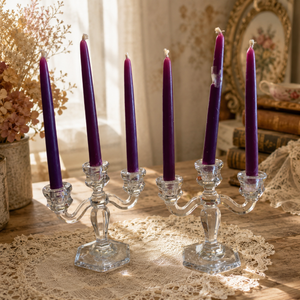 Vintage Crystal Candelabra Candle Holders – Pair with Purple Taper Candles