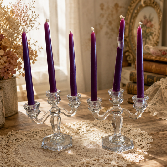 Vintage Crystal Candelabra Candle Holders – Pair with Purple Taper Candles