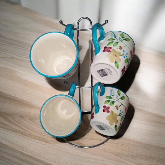 Tabletop Gallery Hand Painted Coffee Mugs With Mug Tree. Set Of Four