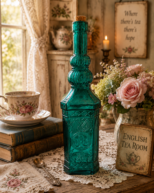 Vintage Emerald Green Embossed Glass Bottle with Cork Stopper