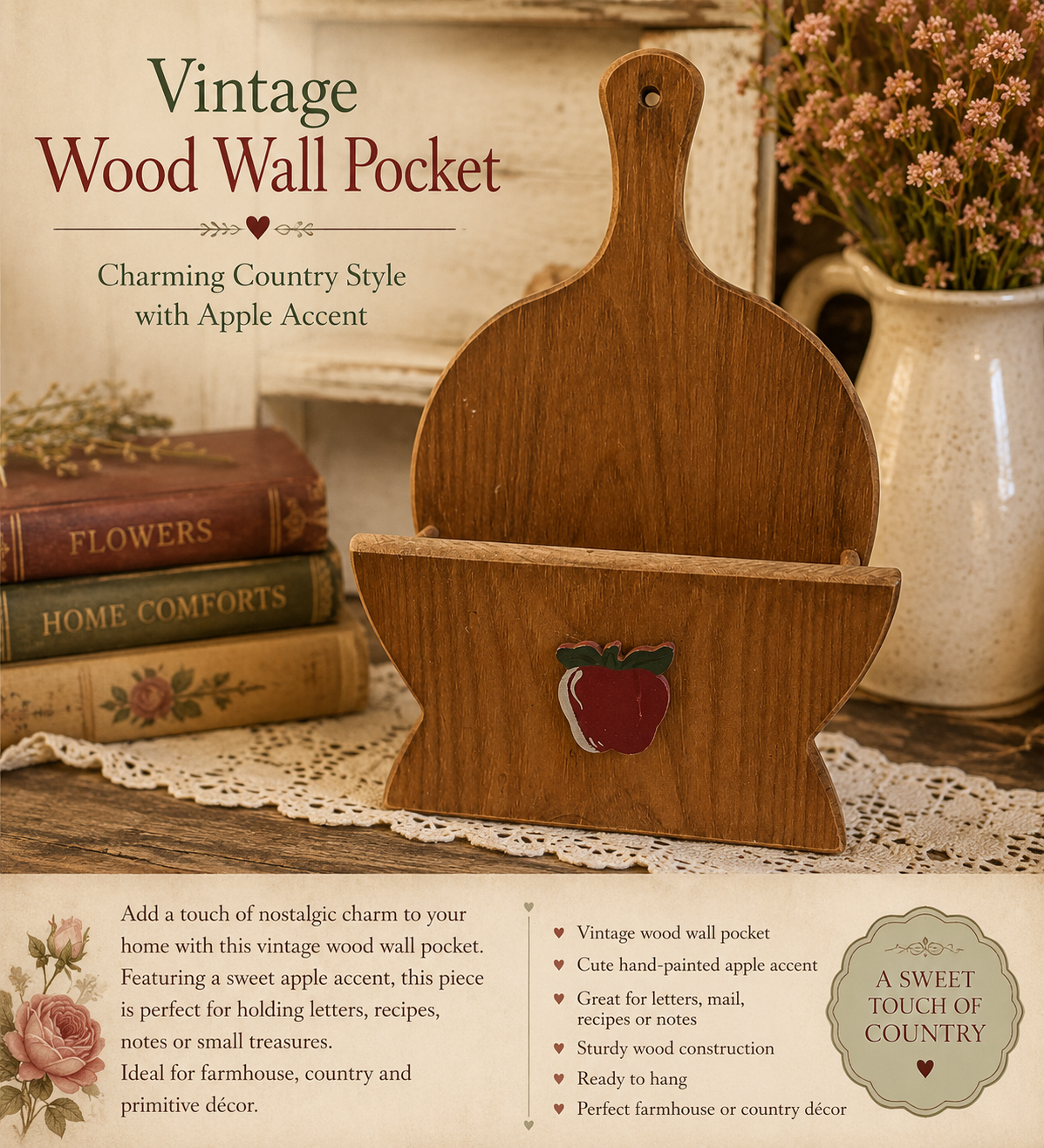 Vintage Wooden Paper Plate Holder / Wall Organizer with Apple Accent