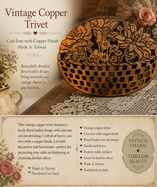 Vintage Old Dutch International Copper Cast Iron Floral Basket Trivet – Made in Taiwan