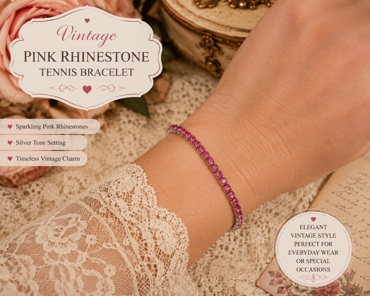 Vintage Style Pink Rhinestone Tennis Bracelet – Silver Tone Sparkling Bracelet