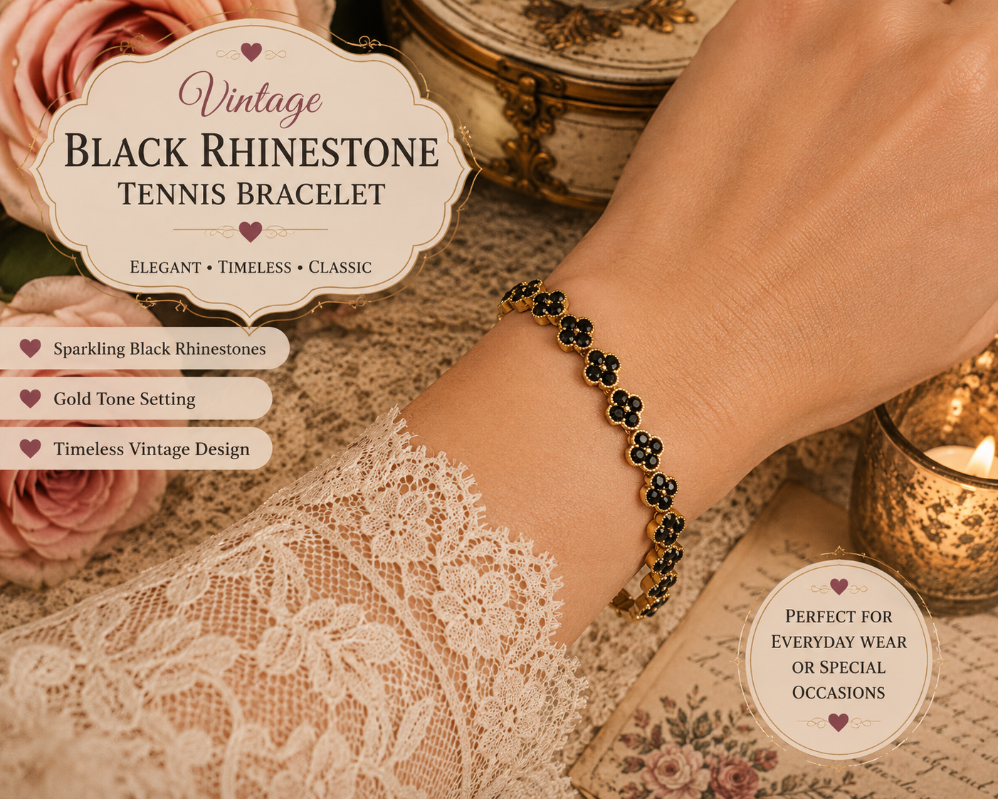 Vintage Black Rhinestone Floral Bracelet – Gold Tone