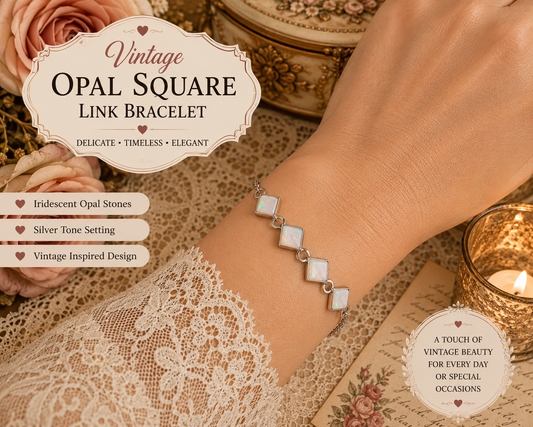 Vintage Faux Opal Square Link Bracelet – Silver Tone