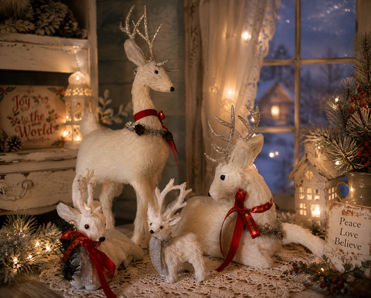 Vintage White Flocked Reindeer Family Christmas Decoration Set of 4 | Glitter Antlers | Cottage Holiday Décor