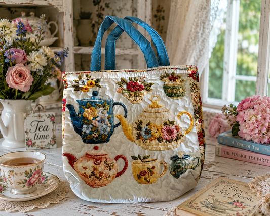 Handmade Quilted Floral Teapot Tote Bag | Cottagecore Tea Lover Market Bag