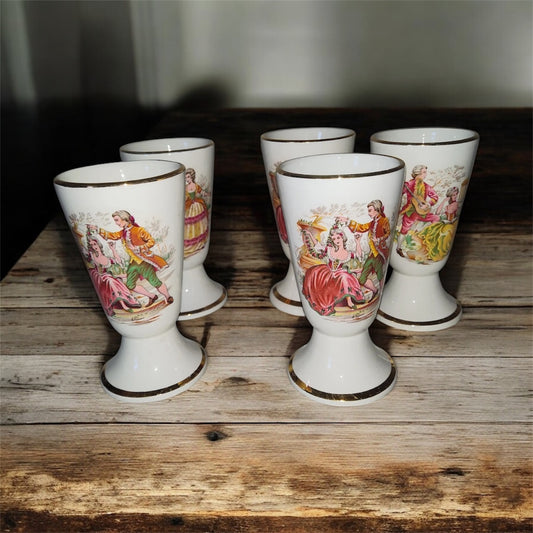 Five Vintage GL Porcelain Limoges France Mazagran Cups Romantic French Society 5”.