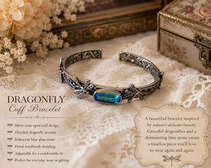 Silver Tone Dragonfly Cuff Bracelet with Iridescent Blue Glass Stone | Adjustable Nature Inspired Fashion Bracelet
