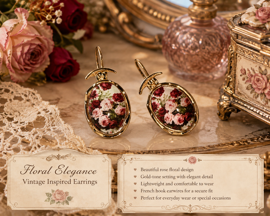 Gold Tone Floral Rose Drop Earrings | Vintage Inspired Cottagecore French Hook Earrings | Romantic Floral Jewelry