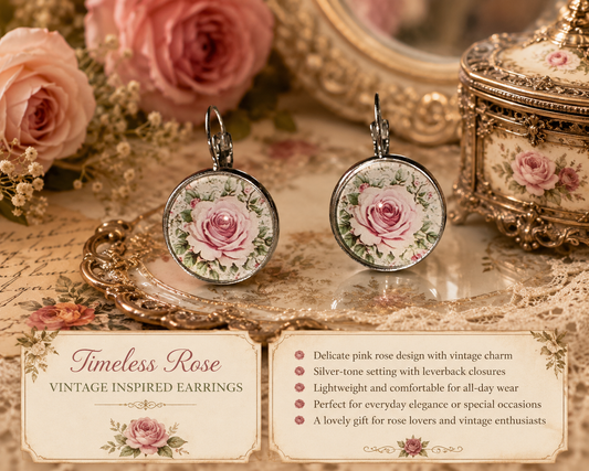 Silver Tone Pink Rose Leverback Earrings | Vintage Inspired Floral Cabochon Earrings | Cottagecore Romantic Jewelry