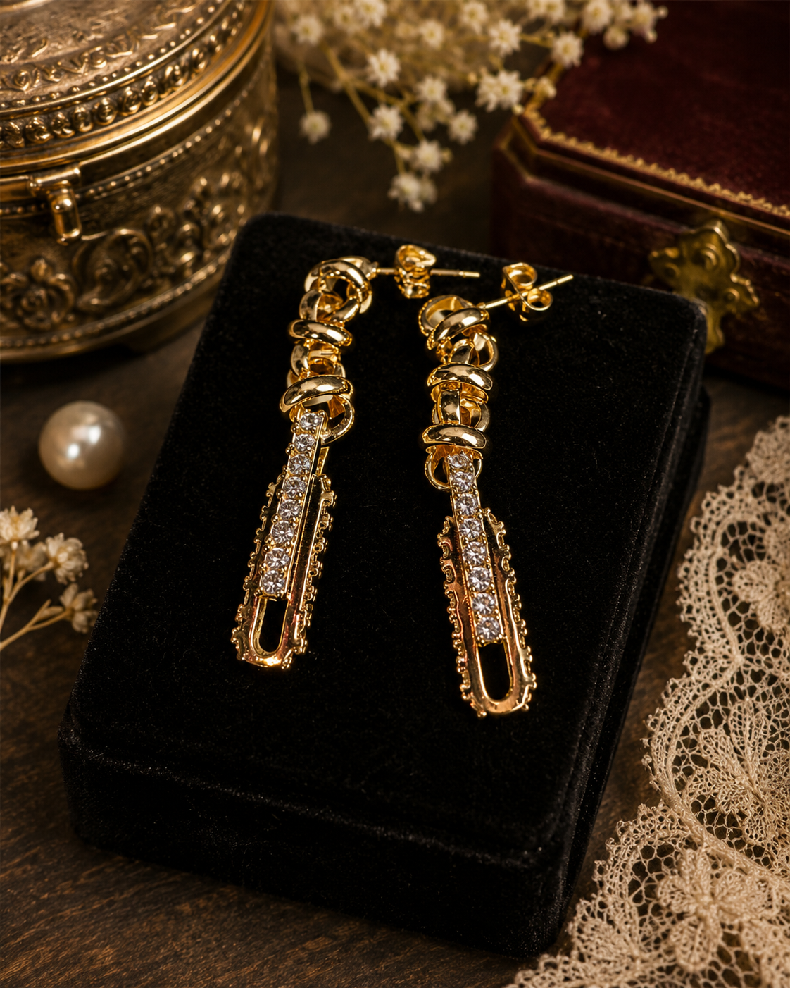 Gold Tone Chain Link Drop Earrings with Crystal Accents | Modern Statement Dangle Earrings | Elegant Fashion Jewelry