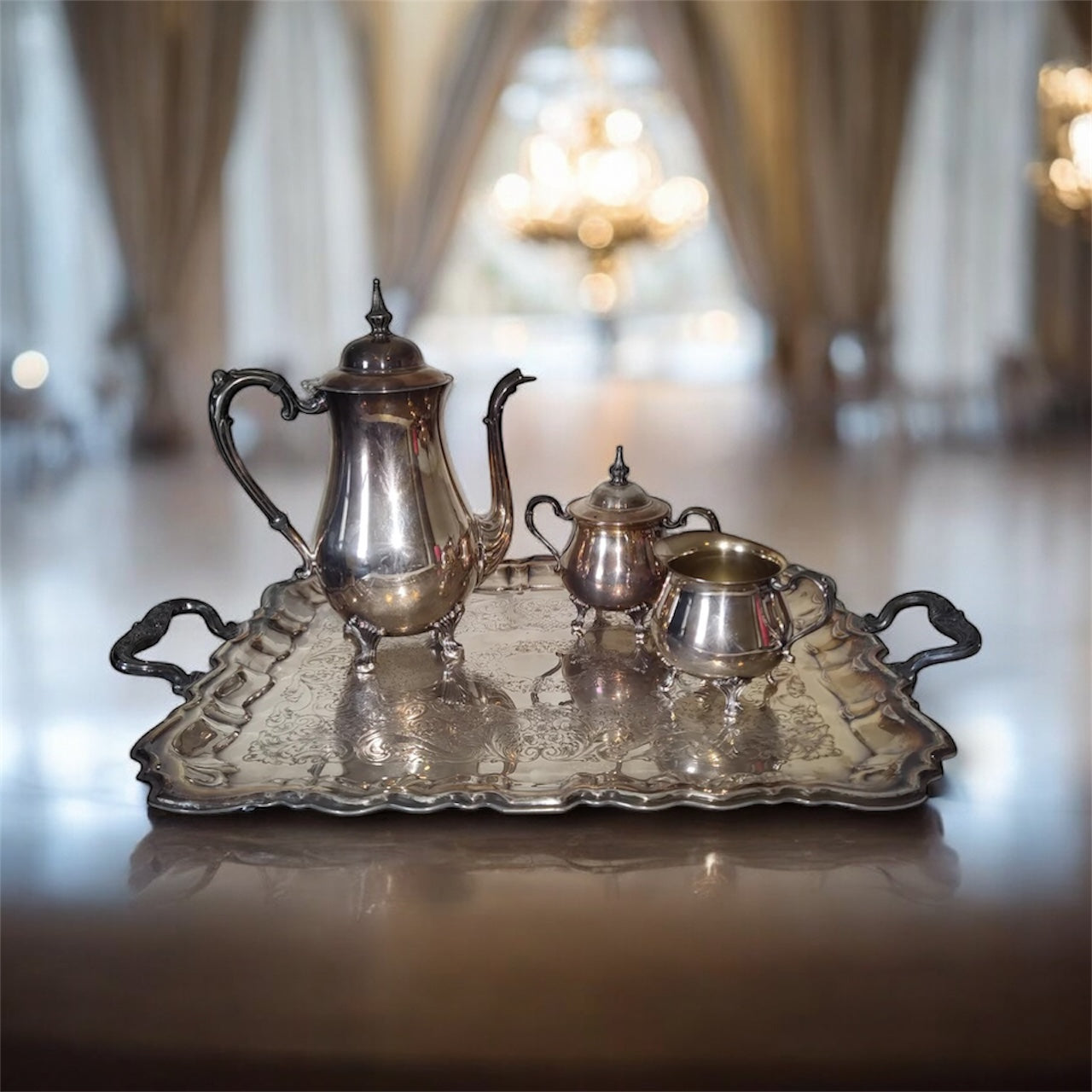 SHERIDAN Vintage Silverplate Coffee/Tea Set w/Sugar & Creamer & Coffeepot