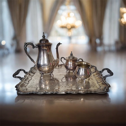 SHERIDAN Vintage Silverplate Coffee/Tea Set w/Sugar & Creamer & Coffeepot