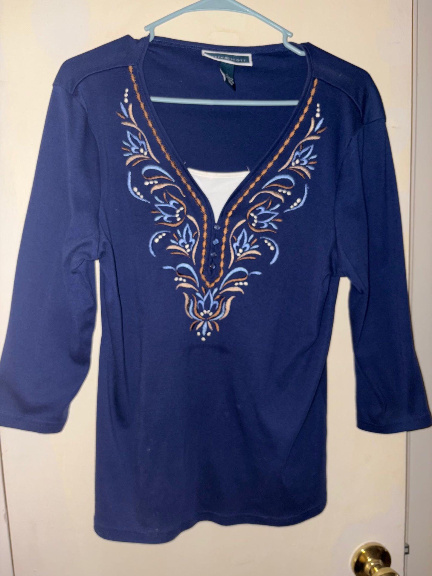Karen Scott Large Tunic Top Blue Embroidered Layered 3/4 Sleeve V-Neck