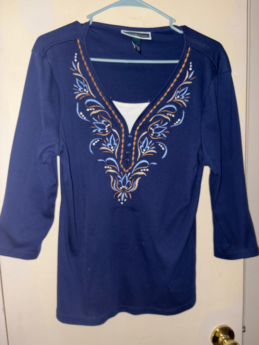 Karen Scott - Túnica grande azul bordada con capas, mangas 3/4 y cuello en V