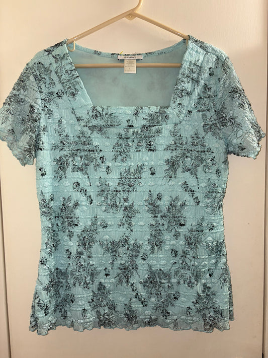 Dressbarn Square Neck Top Blouse Women's Large Mint Floral Sheer Smocked Stretch