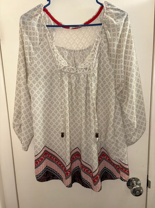 Rewind - Túnica para mujer, color blanco y negro, damasco, mangas abullonadas, escote de ojo de cerradura, encaje, talla grande