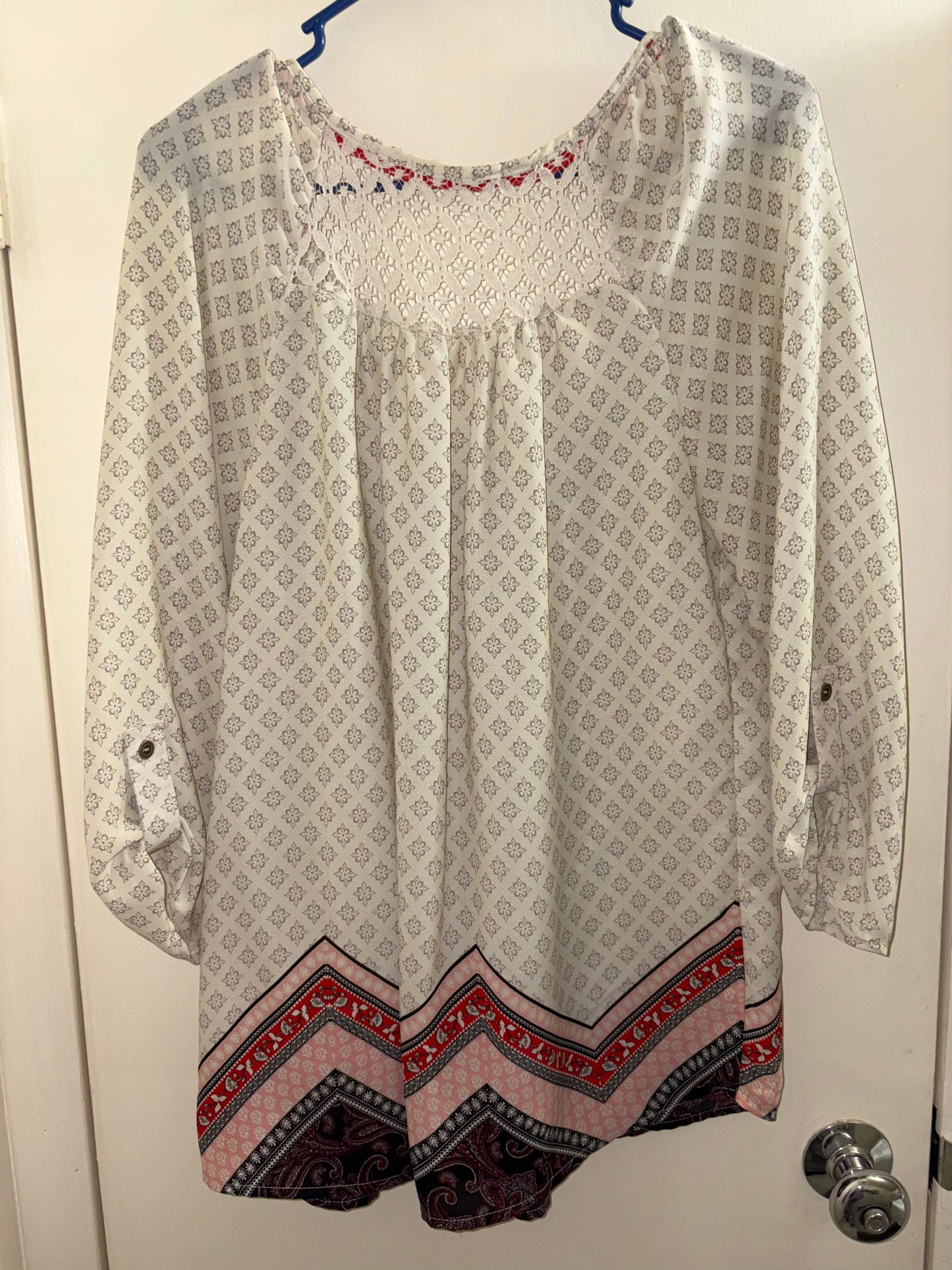 Rewind Womens Tunic Top White Black Damask Puff Sleeve Keyhole Neck Lace Large