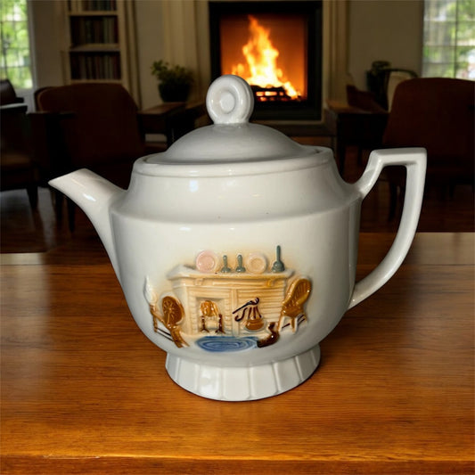 Vintage Teapot by Porcelier 1940s Porcelain Cream Color Hand Painted Fireplace