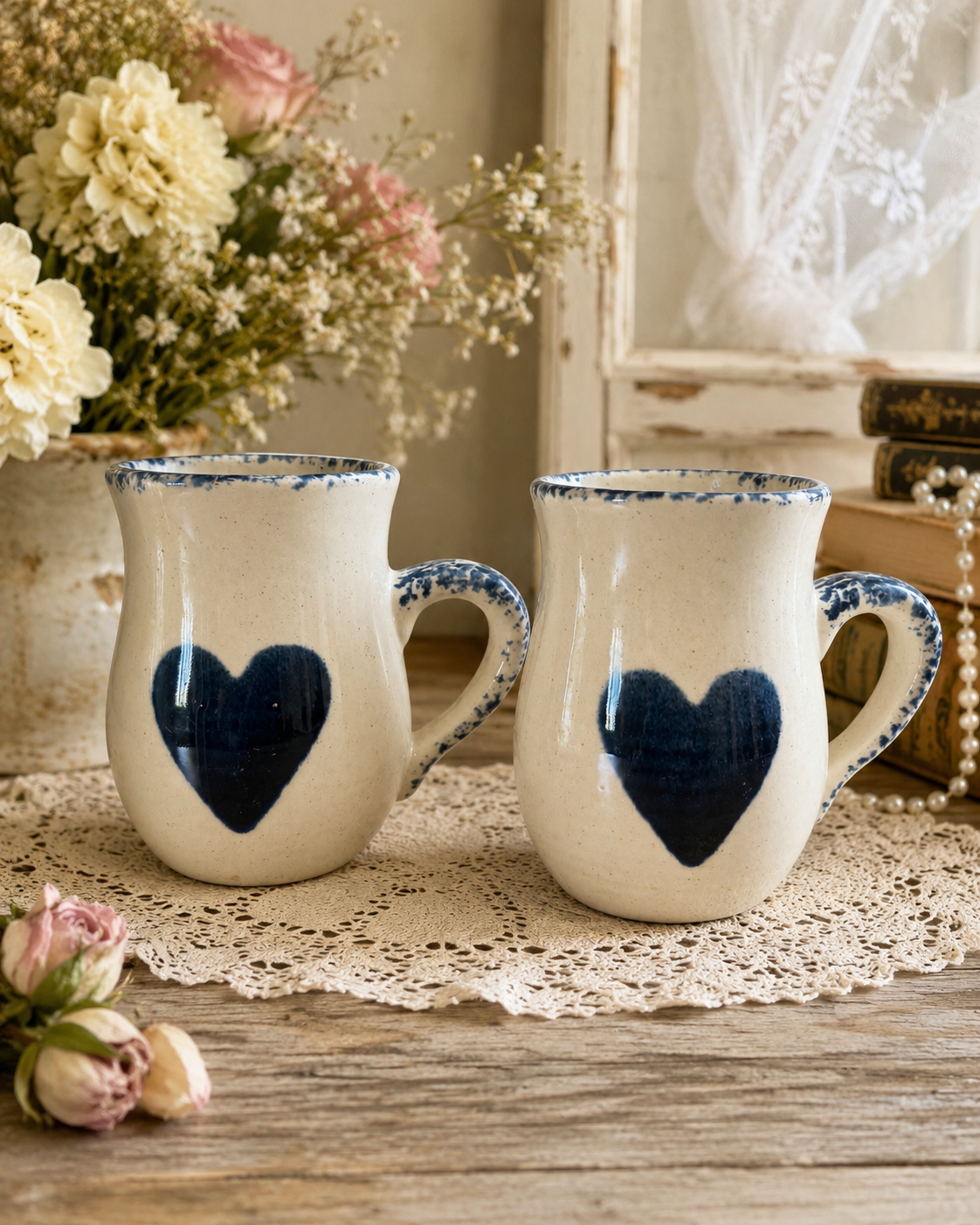Blue Heart Stoneware Mug Set – Set of 2