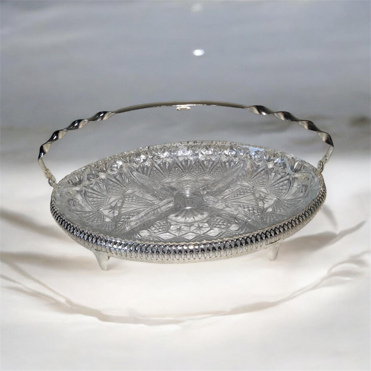 Vintage Serving Relish Dish  Star Arch/Starburst Ribbed Rim W/Holder