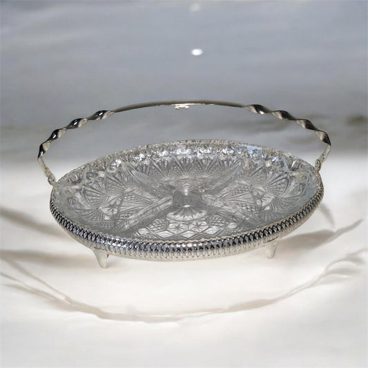 Vintage Serving Relish Dish  Star Arch/Starburst Ribbed Rim W/Holder