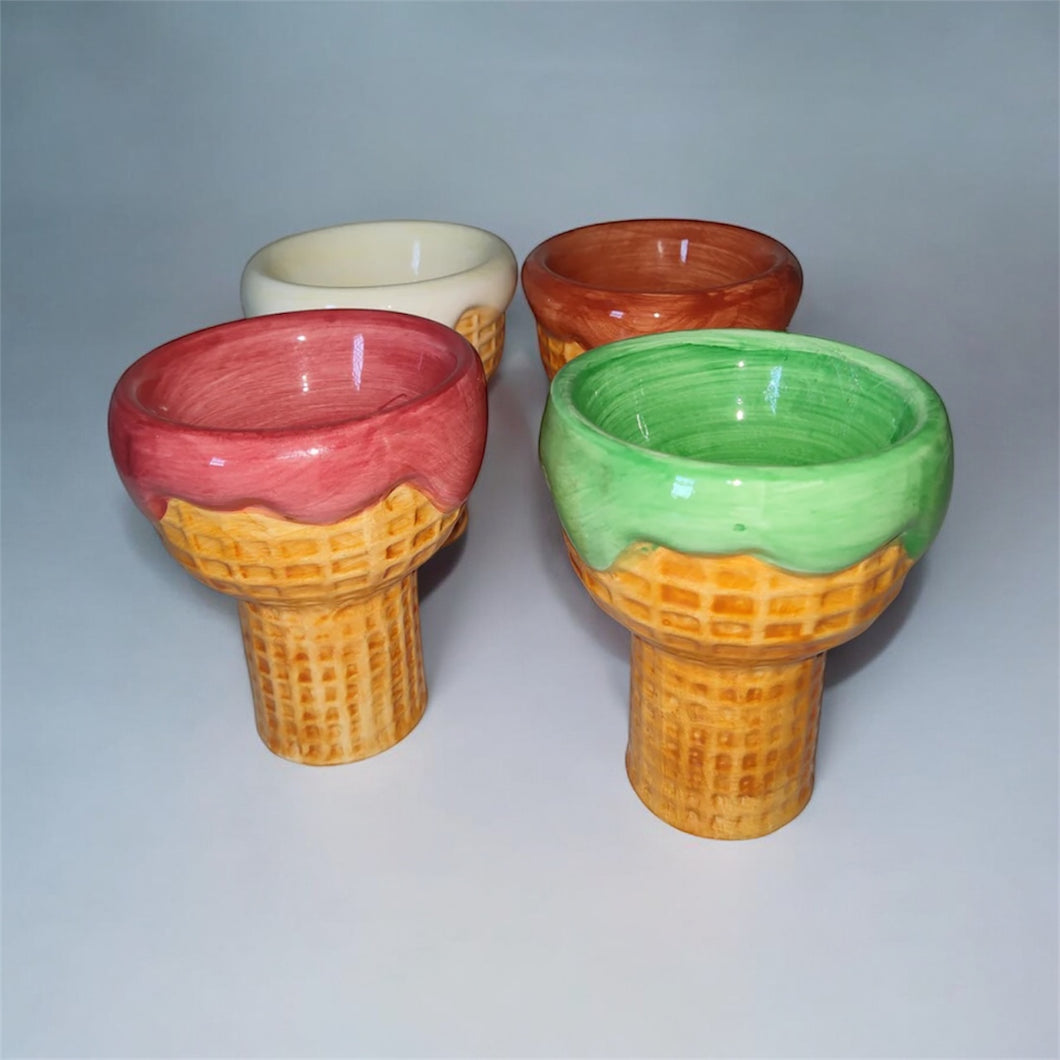 Ceramic Ice Cream Waffle Cone Cup Bowl Green White  Red Brown Set of 4