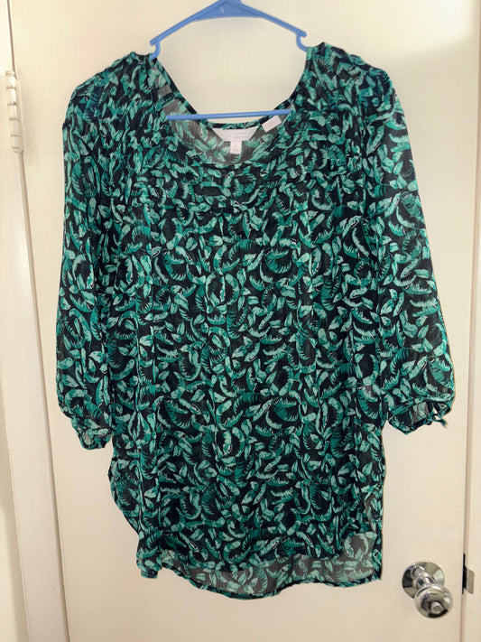 Lauren Conrad LC Semi Sheer Blouse Women's Size Large Pleated Leaf Print Peasant Top