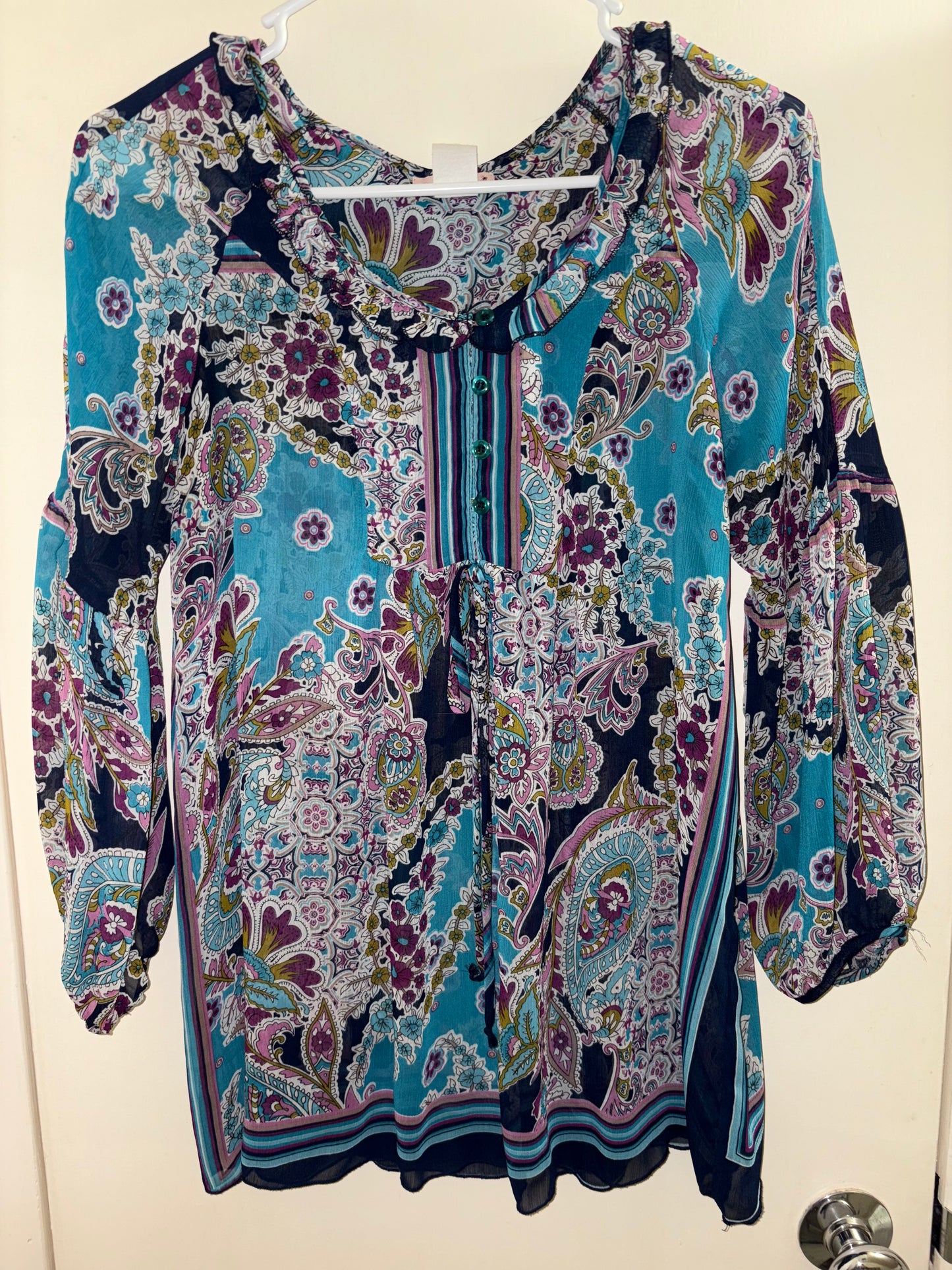 Luna Chix Blouse Large Blue Purple Black Paisley Boho Peasant 3/4 Sleeve Pleated