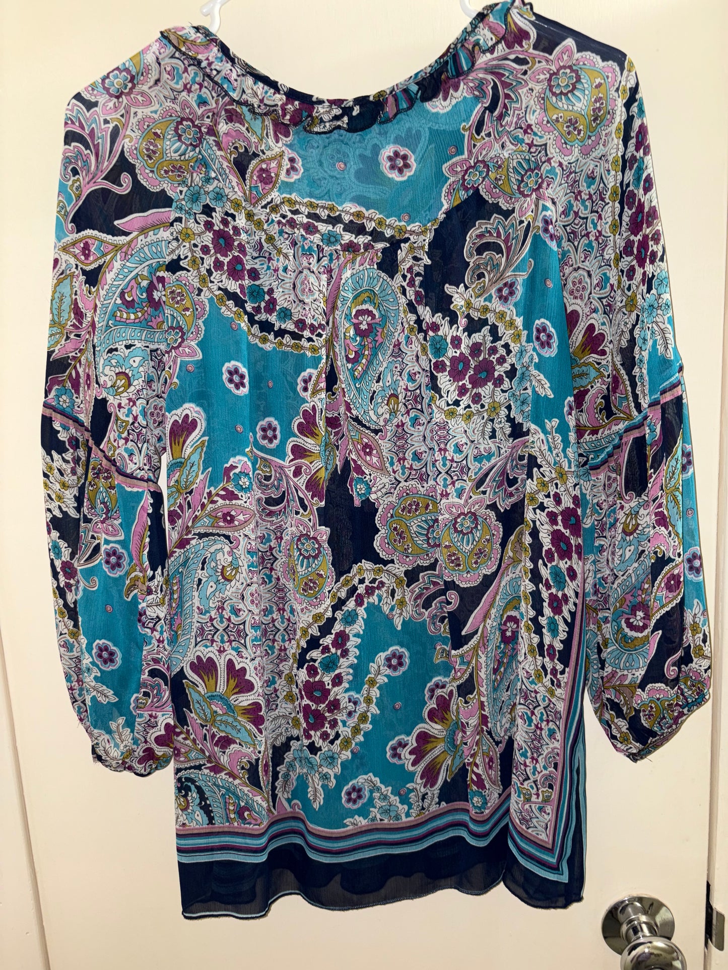 Luna Chix Blouse Large Blue Purple Black Paisley Boho Peasant 3/4 Sleeve Pleated