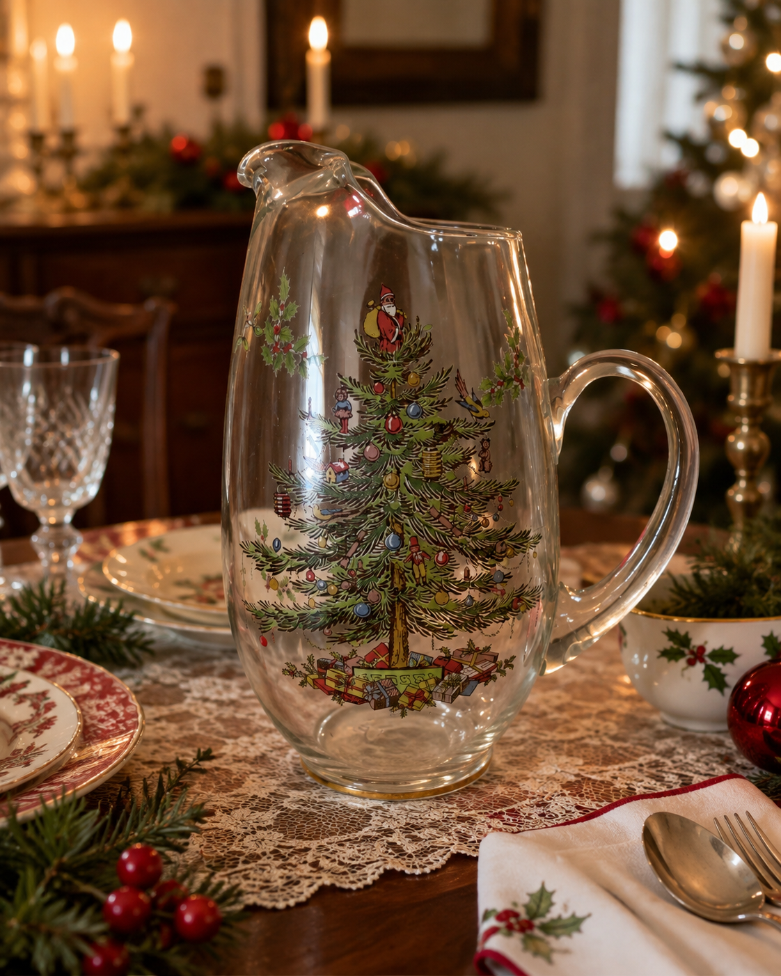 Vintage Christmas Tree Glass Pitcher