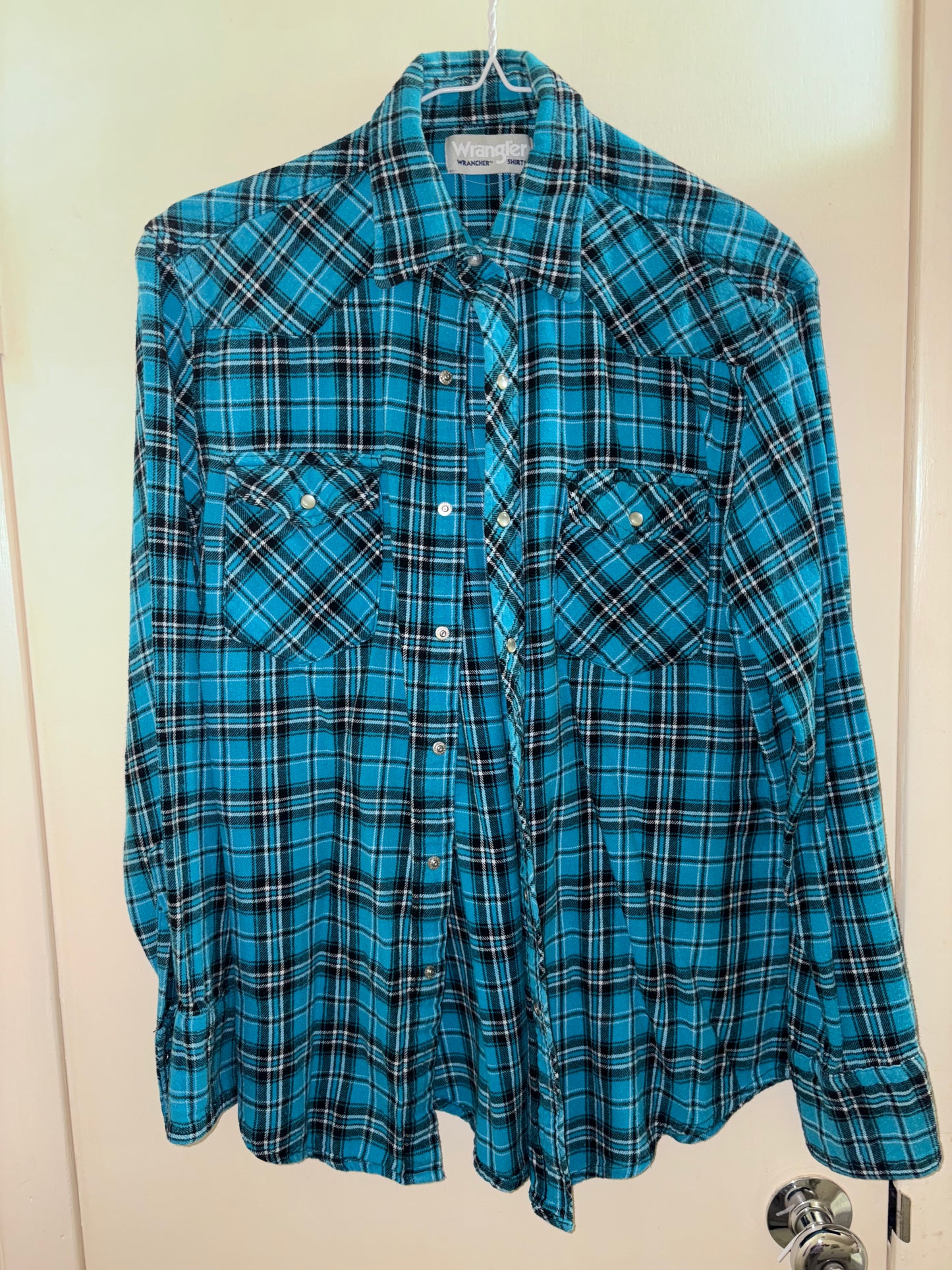 MENS Wrangler Wrancher Pearl Snap Shirt Plaid Blue Western Cowboy Small