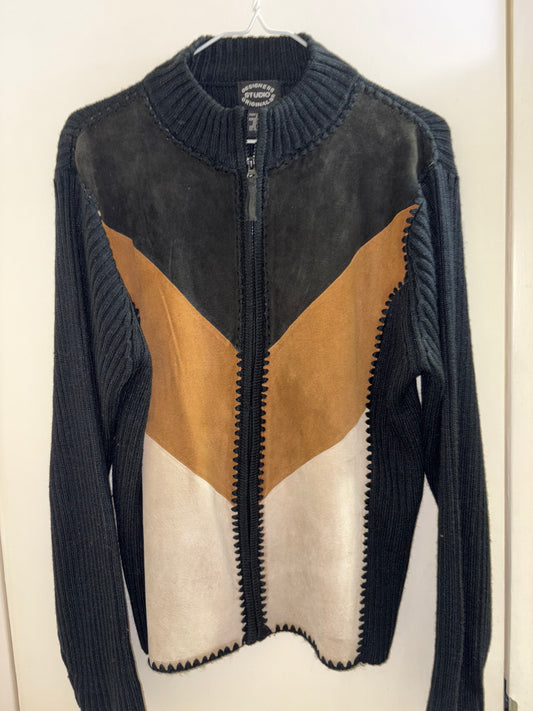Vtg. Designer Studio Orig. Patchwork Suede Leather-Knit Zip Up Jacket Sweater. Size Large