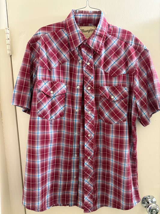 Wrangler MENS Plaid Print Short Sleeve Pearl Snap Western Fashion Shirt SMALL