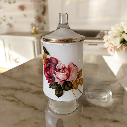 Mid Century Frosted White Glass Rose Apothecary Jar